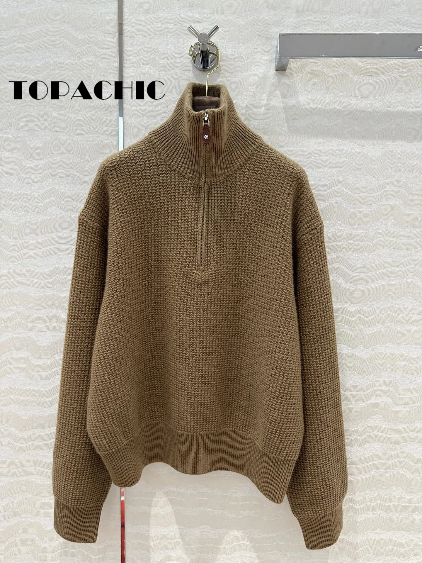 10.21 TOPACHIC-Women High Quality Cashmere Knitted Temperament Set Zipper Long Sleeve Loose Sweater + Hem Split Straight Pants