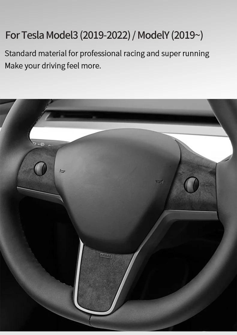 Für Tesla Model 3(2019-2022)/Model Y(2019-) Lenkradverkleidung, Rahmenaufkleber aus Alcantara, Auto-Innenraum-Tuning-Zubehör – Detail 1