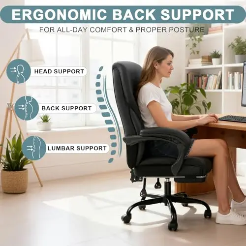 

High Back Ergonomic Office Chair In Black PU Leather With Footrest, Padded Armrests, Swivel Base For Home And Work Use