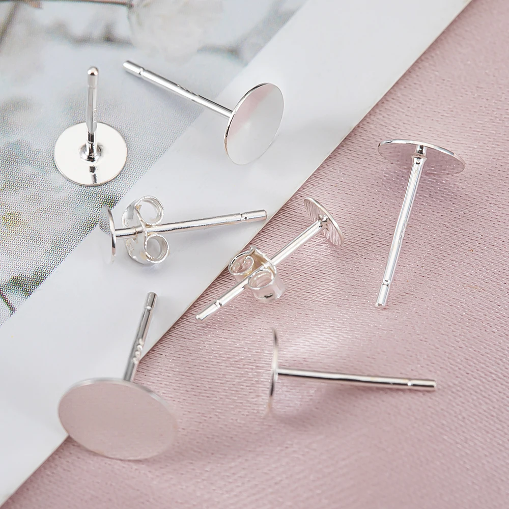 Post Stud Pins with Earring Backs, Ajuste Cabochão para Fazer Jóias, 100% Real 925 Sterling Silver, 20 unid, 4mm, 5mm, 6mm, 8mm