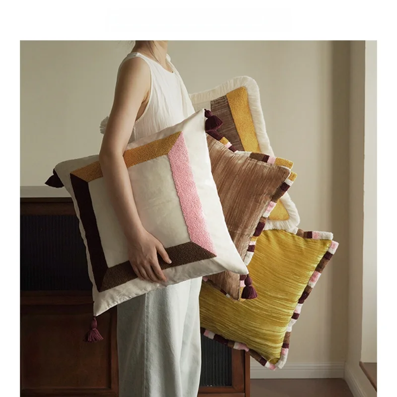 

Ретро-подушка из бархата с кисточками и вышивкой для гостиной, дивана, домашнего декора, квадратная, прямоугольная, овальная.