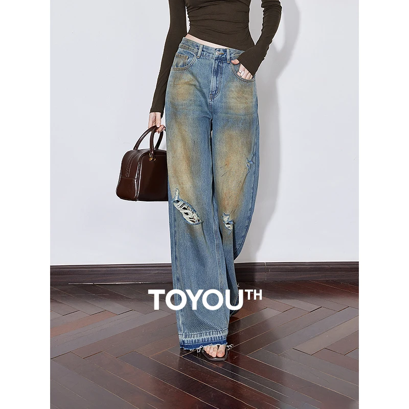 TOYOUTH Women Jeans 2025 Spring New American Wasteland Style Mid Waist Straight Wide Leg Long Pants