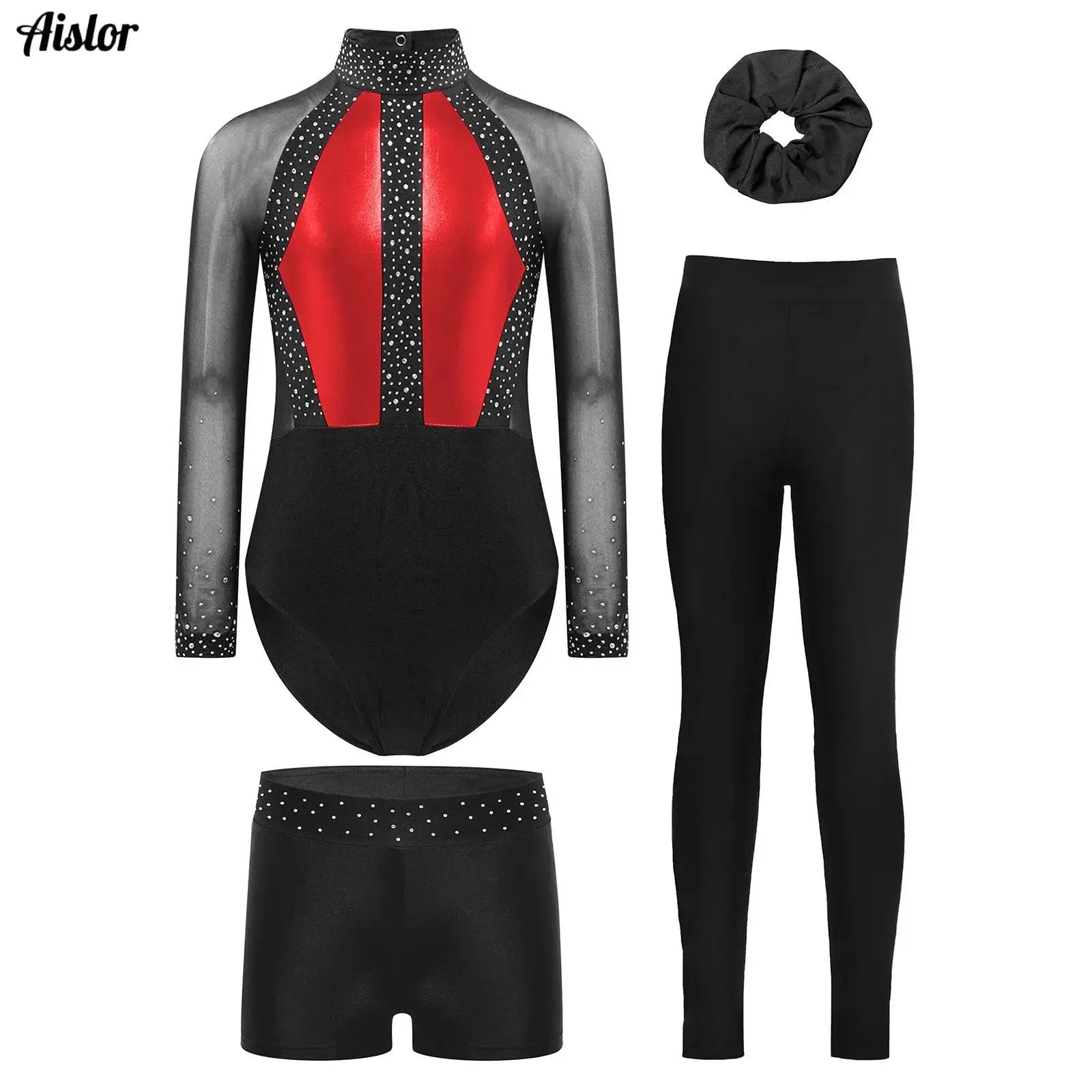 

Girls Gymnastics Ballet Jersey Dance Leotards Kids Long Sleeve Rhinestones Unitard Activewear Outfits Sports Yoga Workout Set