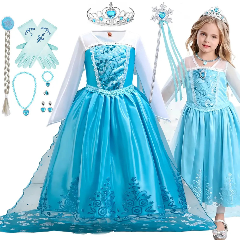 Girls Blue Sequin Floral Princess Dress With Snowflake Cape Snow Queen Flower Print Gown Kids Birthday Elsa Party Costume Frock