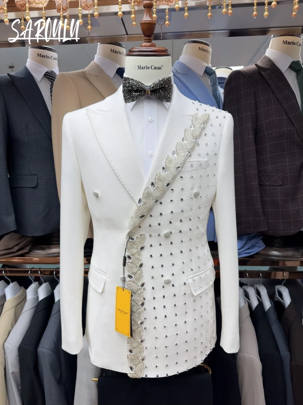 Textured White Two Pieces Beads Men's Suit Party Customized Crystal Double Breasted Celebrity Peak Lapel Groom Wear In Stock Set