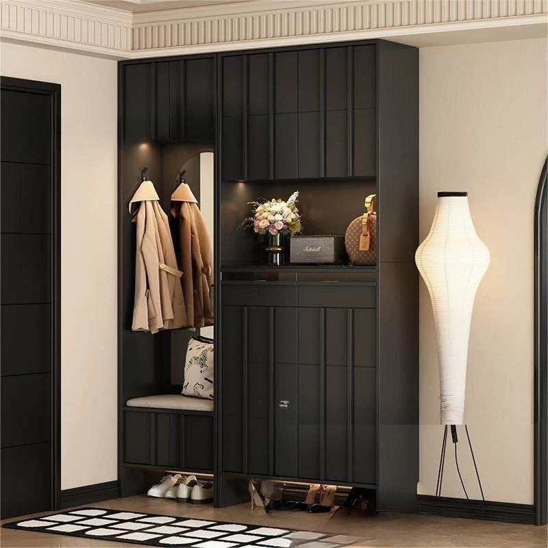 Solid wood home shoe cabinet, entrance cabinet, integrated retro shoe change stool, clothes and hats, full-length mirror,