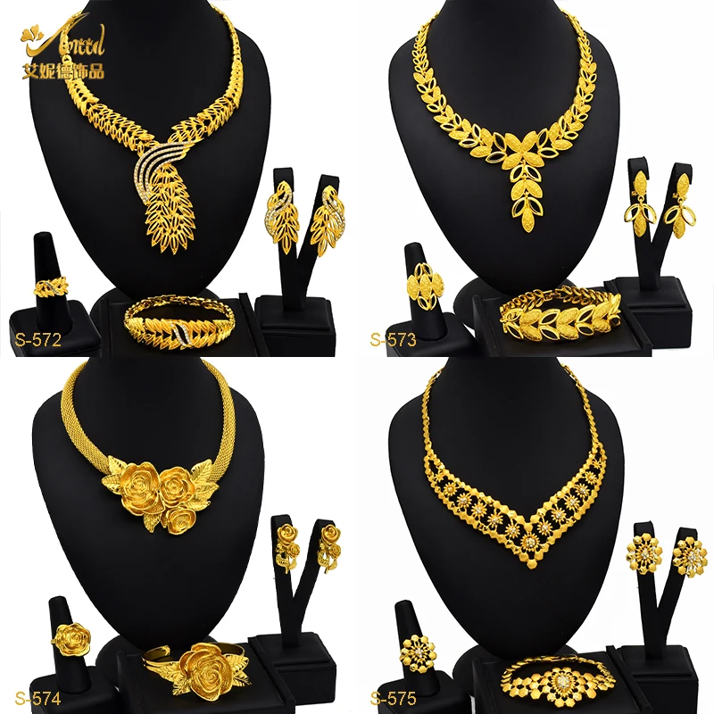 

ANIID Dubai 24k Gold Plated Jewelry Set For for Women Dangle Earrings and Necklace Bridal Weddings Engagement Wholesales Jewell