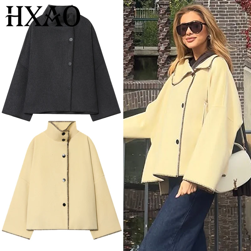 

HXAO женская куртка, свободная флисовая куртка, женская осень 2024, модная желтая темно-серая верхняя одежда, водолазка на пуговицах, пальто с длинными рукавами
