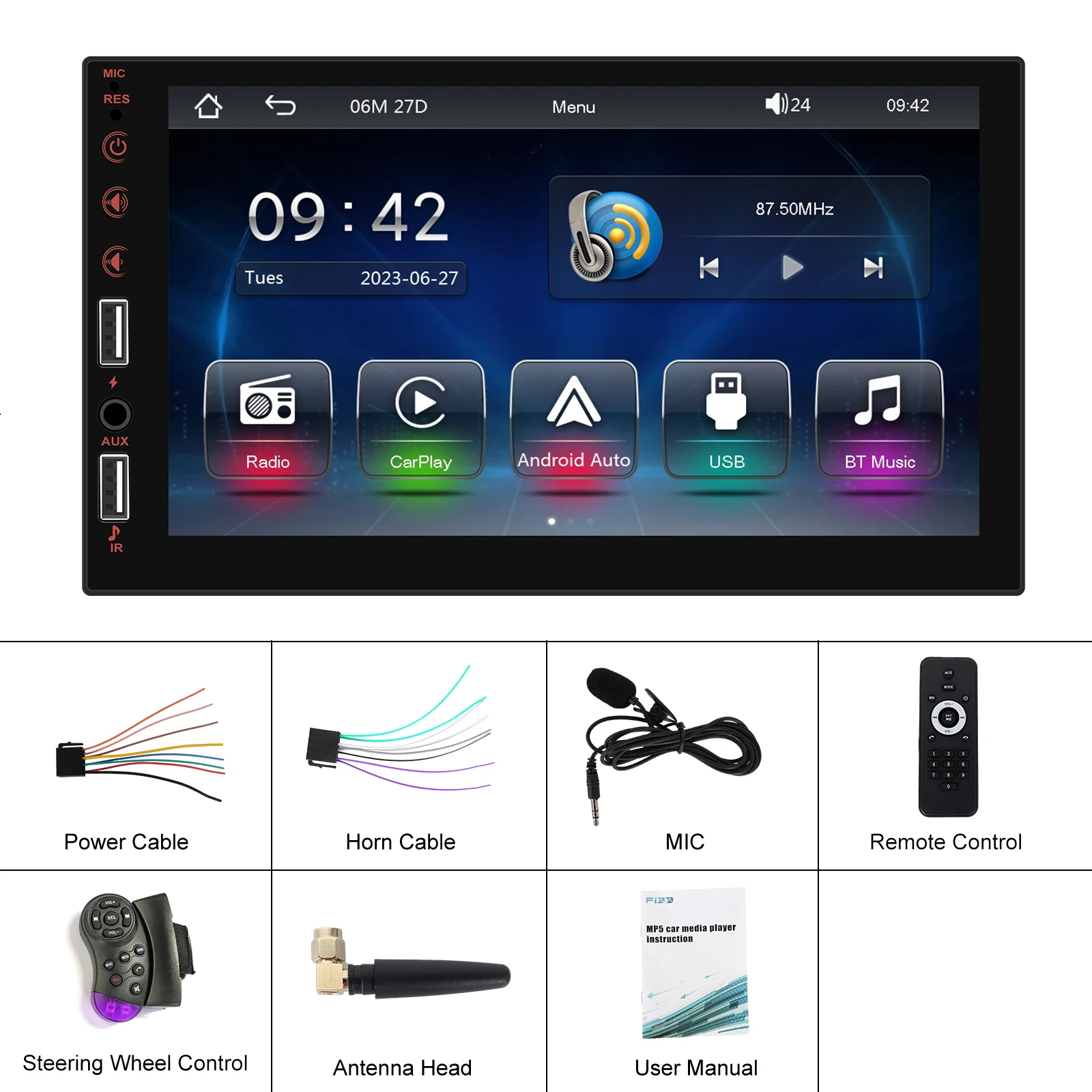 Podofo 1Din 7'' Auto-Multimediaplayer Kabelloses Carplay Android Auto Mirror Link Universeller Auto-MP5-Player Bluetooth FM DVR AUX-IN – Detail 15