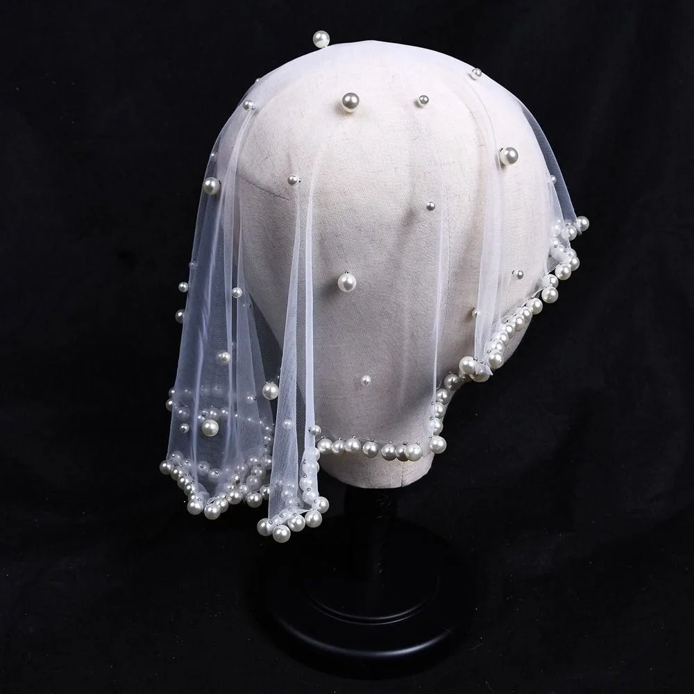 Novas pérolas contas noivas véu francês curto véus de casamento branco preto vermelho tule cabeça da noiva gaze headpieces