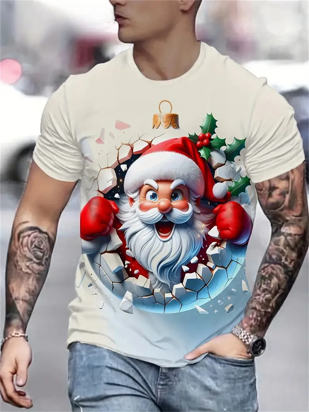 

3D Santa Claus Print Men's Casual Short Sleeve T-Shirt Fashion Round Neck Style New Year Gift Plus Size T-Shirt
