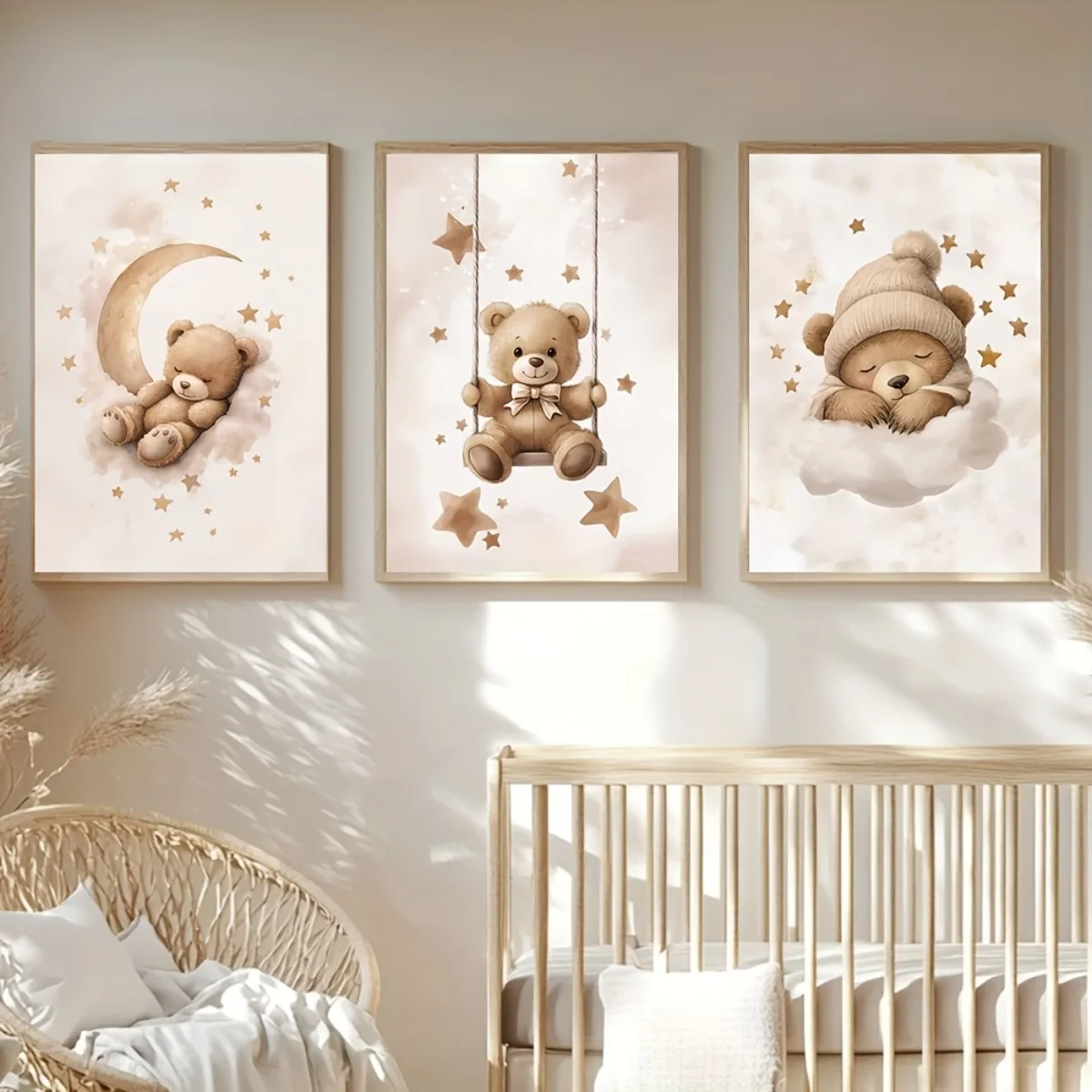 3 teile/satz Nette Braunbär Mond Leinwand Druck Poster Cartoon Tier Abstrakte Kunstdrucke Wohnzimmer Kindergarten Wand Kunst Wohnkultur