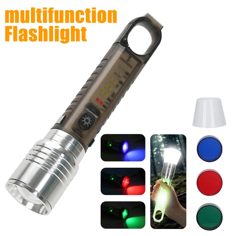 Multi Functional Fluorescent LED White Laser Keychain Strong Light Magnet Portable Red Blue Flash Outdoor Hook Flashlight