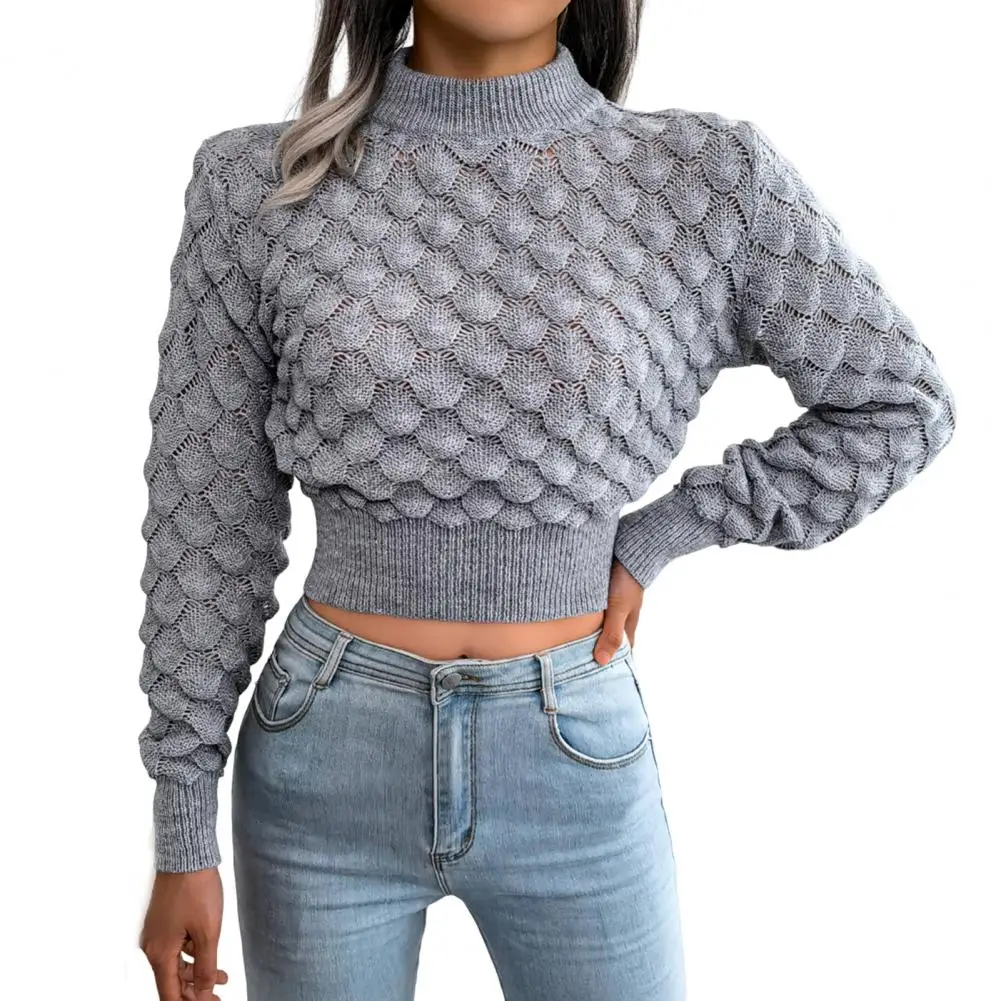 3D Cutting Elastic Autumn Winter Solid Color Cropped Sweater Female Clothing