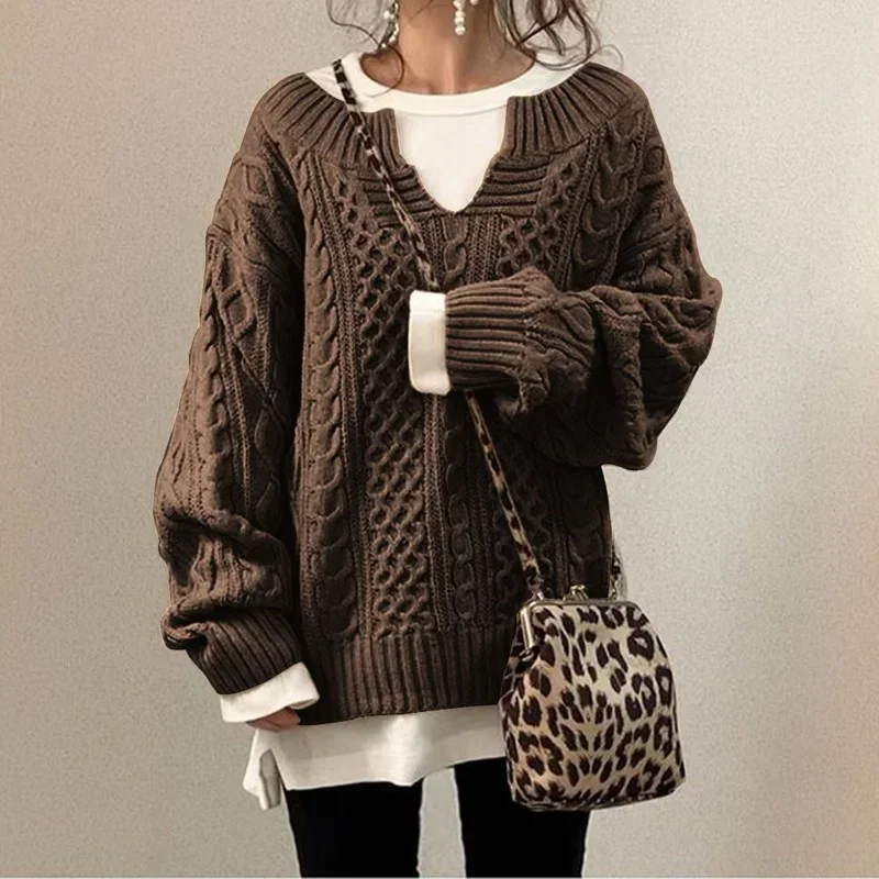 Autumn and Winter Women V-neck Long Sleeve Pullover Lazy Style Sweaters Twist Pattern Loose Casual Lady Vintage Knitted Sweater