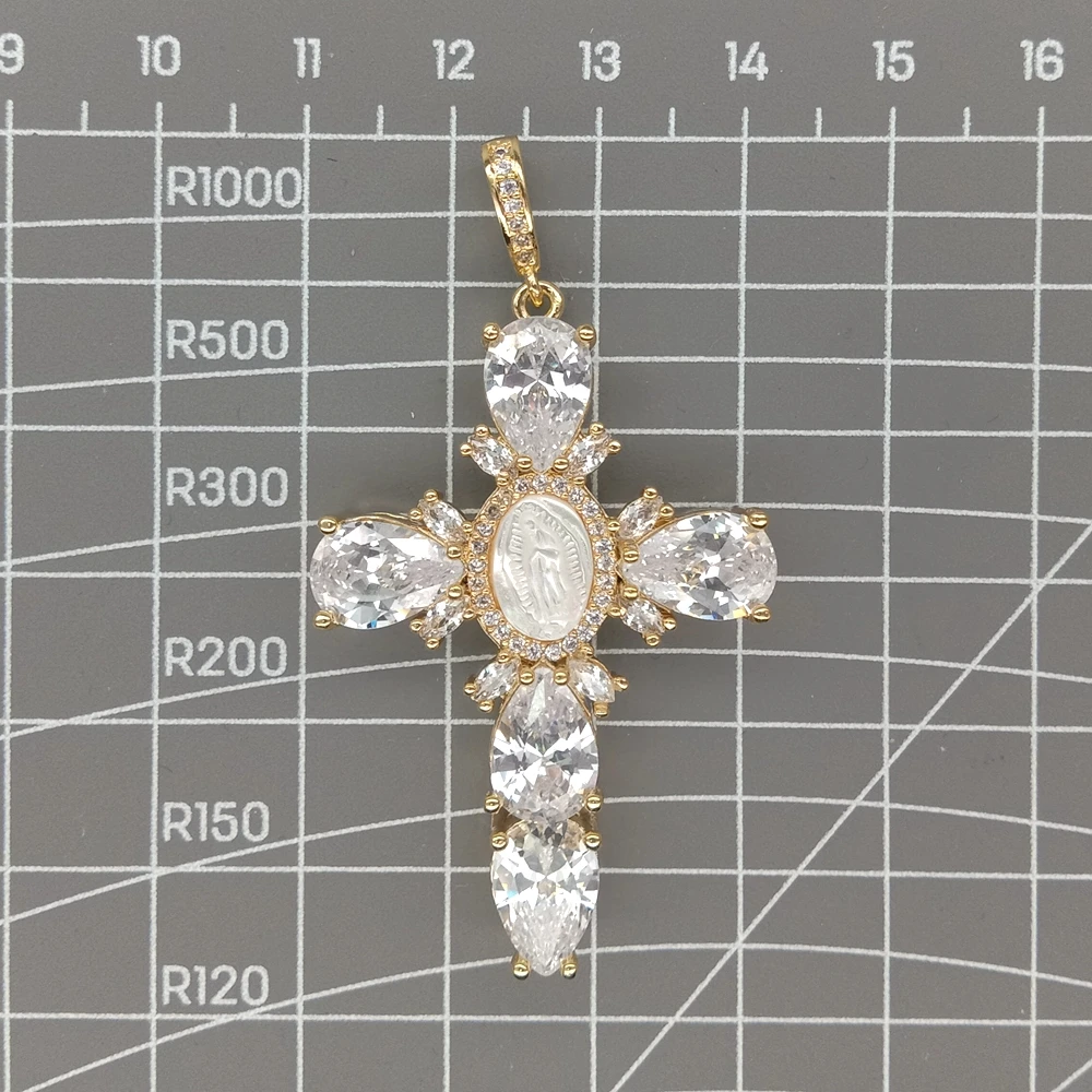 5 PCs 30x42mm white  crystal Pave White Shell Virgin Mary Crucifix gold plated Pendant