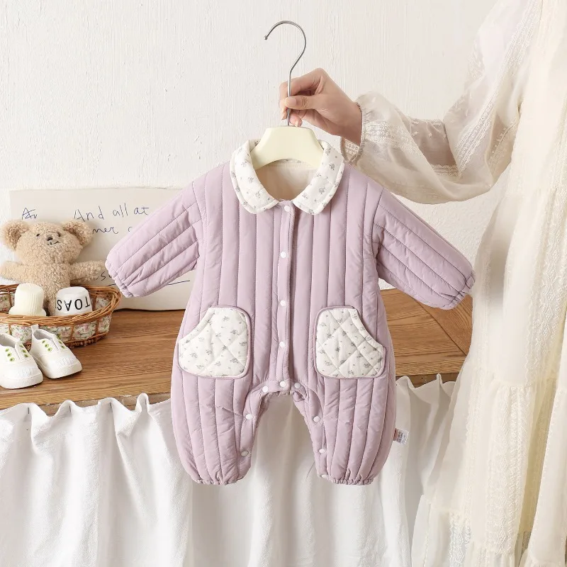 韓国製幼児用縦型パッド入りクライミングスーツ-女の子用スプライシングラペルワンピース-秋冬スナップボタン付き