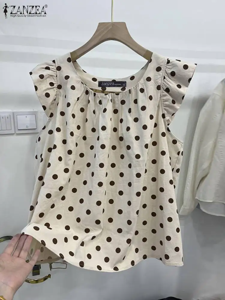 

ZANZEA Korean Casual Sleeveless Tees Tops O Neck Elegant Ruffles Sleeve Fashion Blouses 2024 Summer Polka Dot Daily Women Tanks