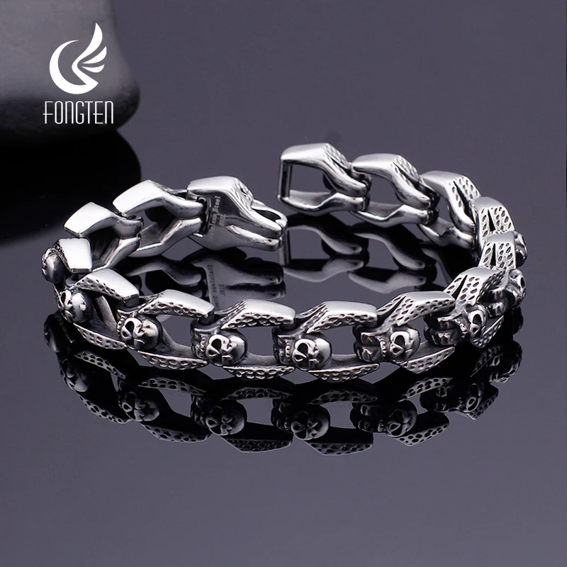 Fongten 22cm Punk Men Bracelet Stainless Steel Skull Wristband Charm Chain Bracelets Bangle Silver Color Gothic Jewelry