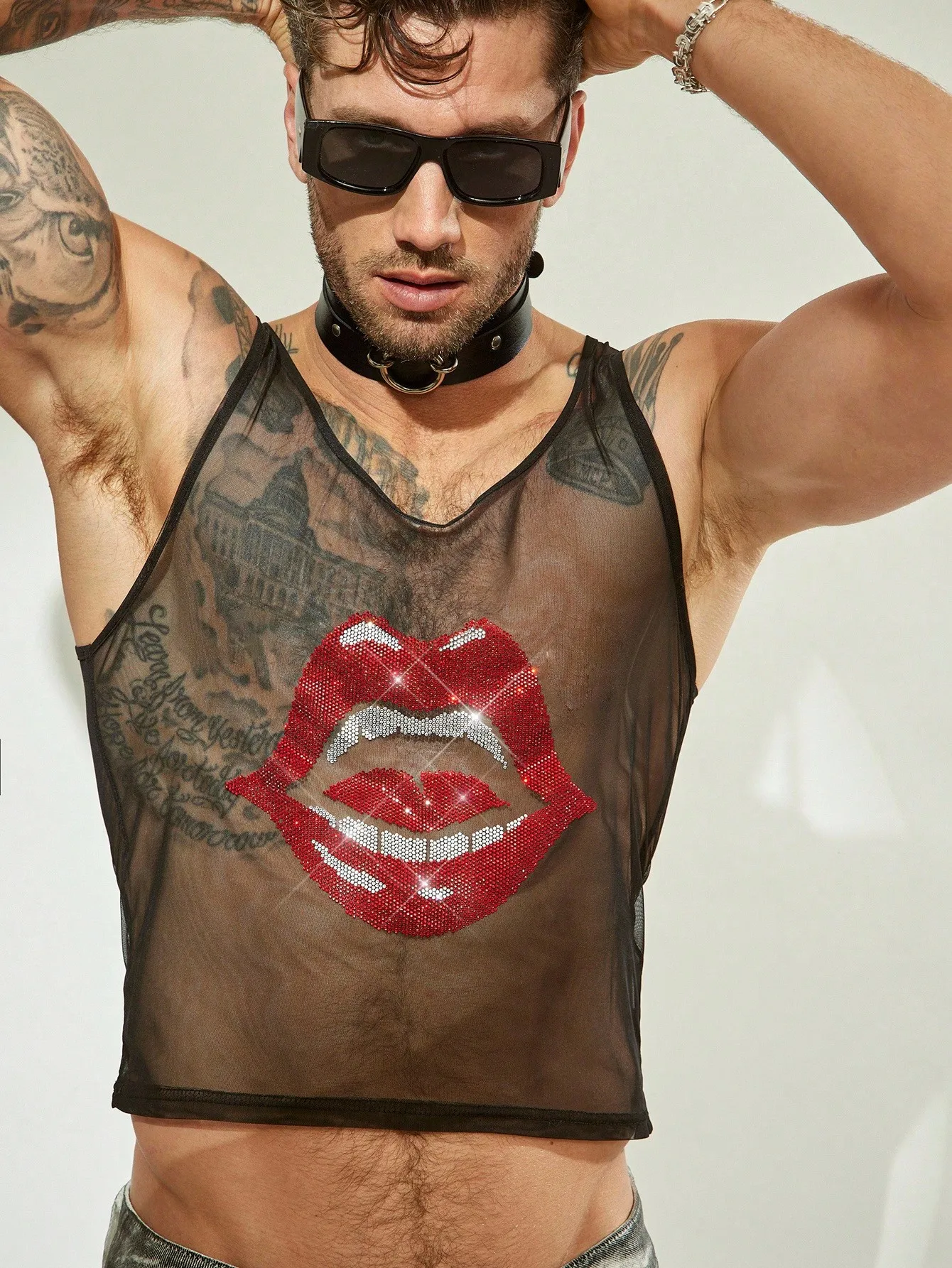 

Sheer Mesh Tank Top with Rhinestone Lip Graphic for Men, Summer Casual Wear