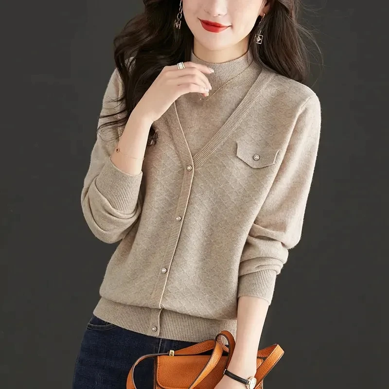 2023 New Splicing Pullover Sweater Women Autumn Winter Clothes Korean Fake Two Slim Half-High-Necked Bottoming Female Shirts