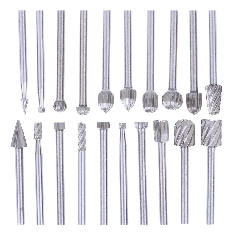 20pcs Tungsten Carbide Rotary Burr Set 3mm Shank Single Cut Diamond File Rotary Tool Kit For Wood Metal Dremel Drill Bits