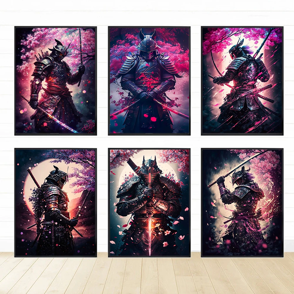 Japanese Black Samurai Sakura Warrior Figures Sunset Art Painting Wall Canvas Posters and Prints Living Room Home Decor Pictures