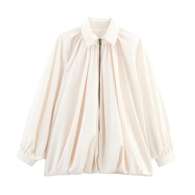 Autumn Winter Women Fashion Solid Loose Coats Causal Long Bat Sleeves Lapel Zipper Jacket French Vintage Pleated Outerwears Y2k