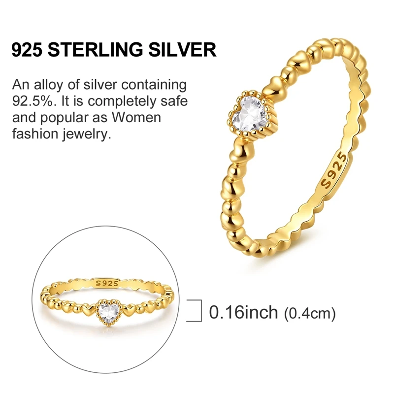 Original 925 Sterling Silver Rings Sparking Golden Heart Ring For Women Girls Jewelry Birthday Anniversary Gifts view 4