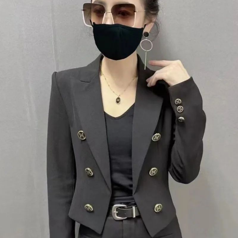 Frühling Herbst Schwarz Blazer frauen Abgeschnitten Jacke Zweireiher Langarm Top Büro Dame Mantel Schlanke Design frauen kleidung