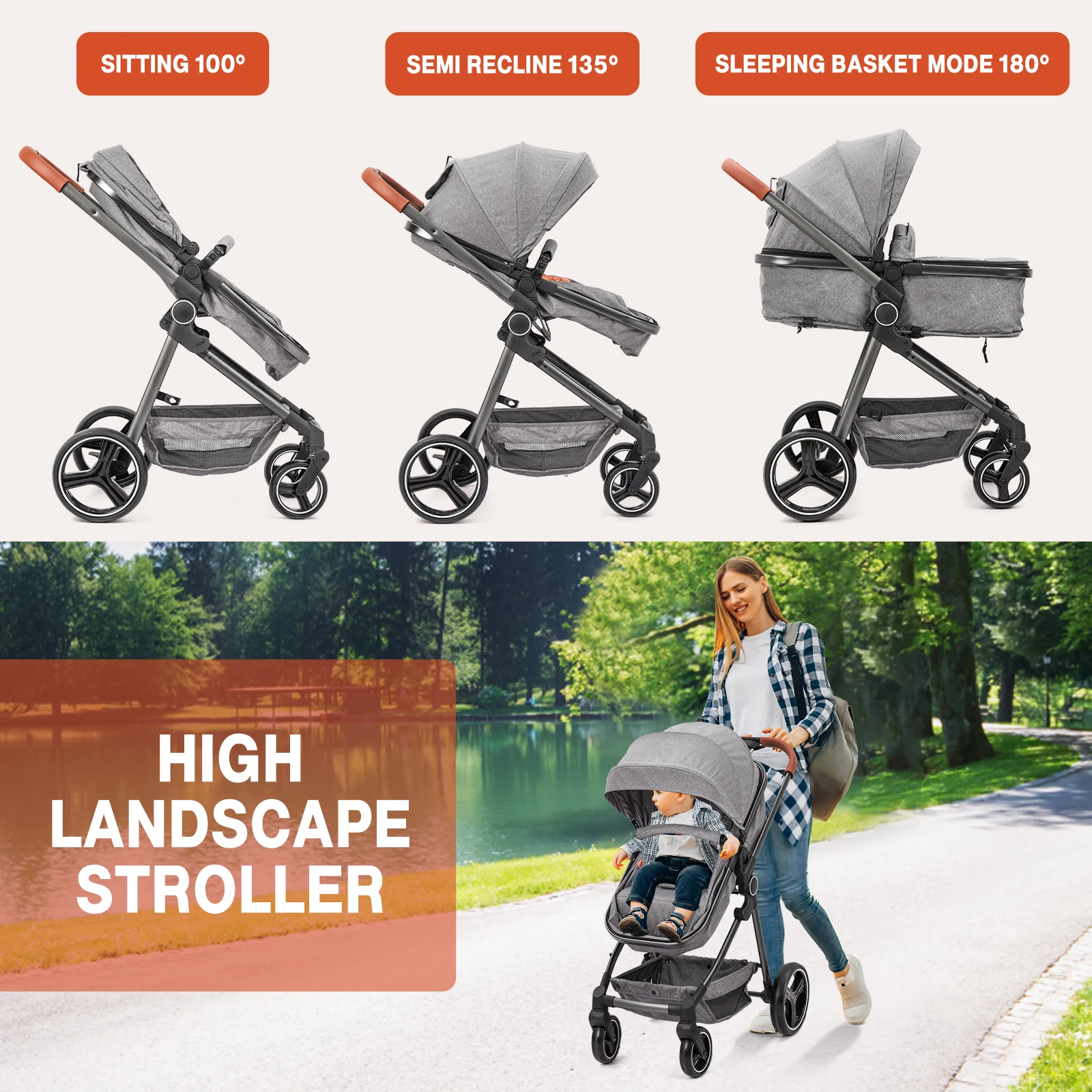 2 in 1 High Landscape Convertible Baby Stroller, Foldable Pushchair, Newborn Reversible Bassinet Pram with Adjustable Canopy