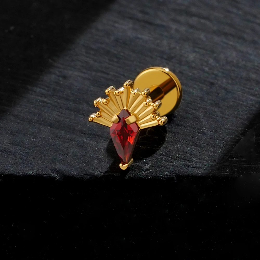 Right Grand ASTM F136 Titanium Kite CZ Cartilage Piercing Rhombus Garnet and Black CZ Helix Stud Conch Tragus Earring Flat Back Labret Stud Piercing Jewelry