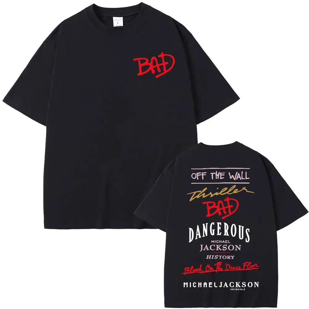 Michael Jackson Album-Print T-Shirt Herren Schwarz Rundhals Kurzarm "BAD" "Thriller" Grafik Streetwear Tee