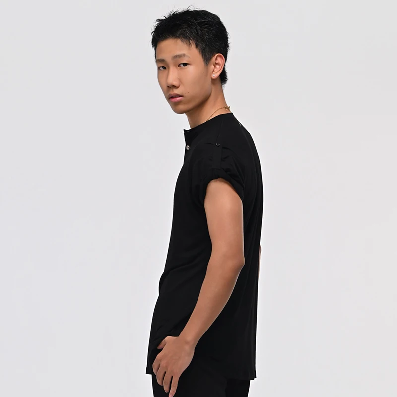 Top da ballo latino da uomo maniche corte piccolo scollo a V maglietta nera Rumba Cha Cha abbigliamento da allenamento top per pratica professionale BL16955