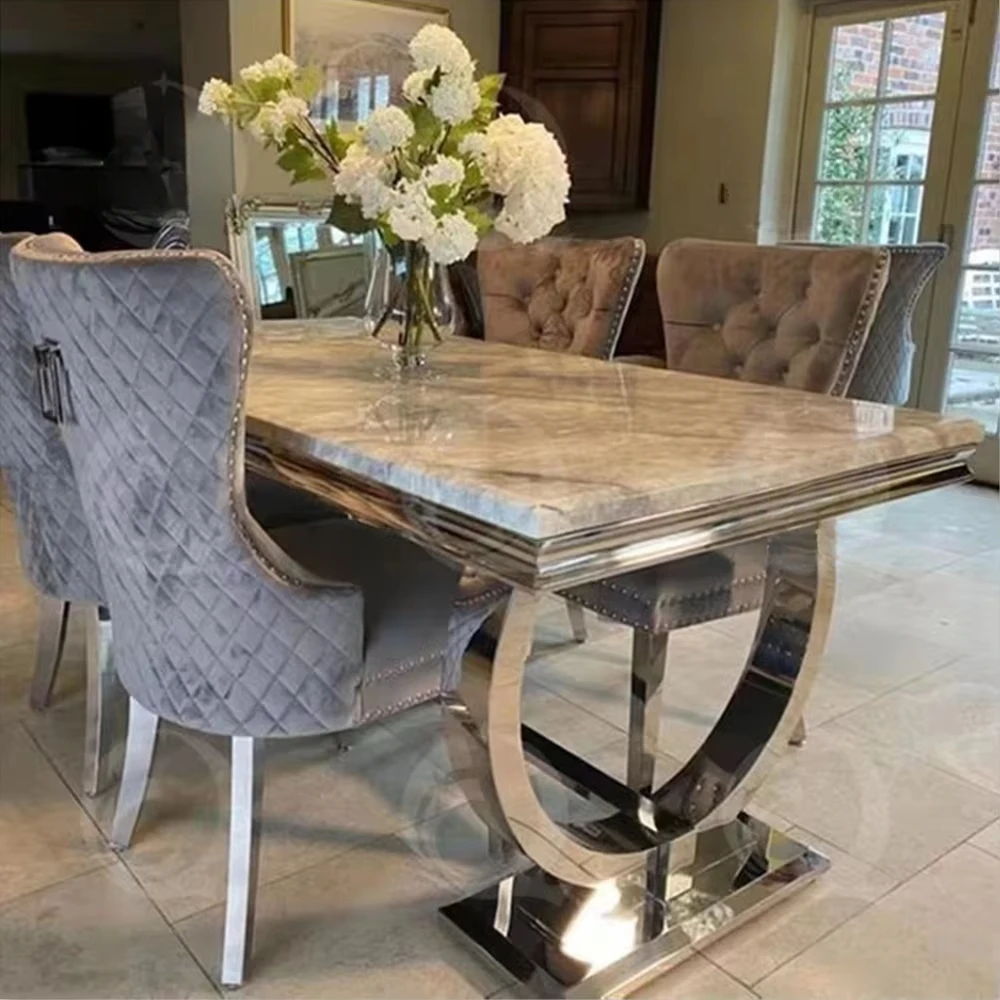 Modern Luxury Kitchen Restaurant Tables and 6 Chairs Sets Grey High End Marble Dining Table Set for Home