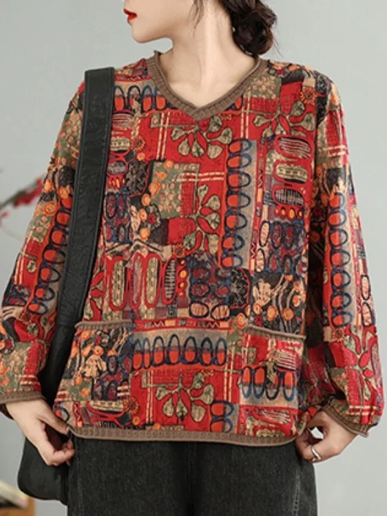 Autumn 2026 Large Size Cotton Linen Printed Knitted T-Shirt Loose Casual V-Neck Long Sleeve Top for plus Size Women