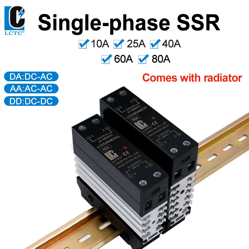 LCTC SSR Solid State Relay Single Phase Din Rail Mounted Slim Relay With Heat Sink 10A 25A 40A 50A 60A 80A Industrial Relay