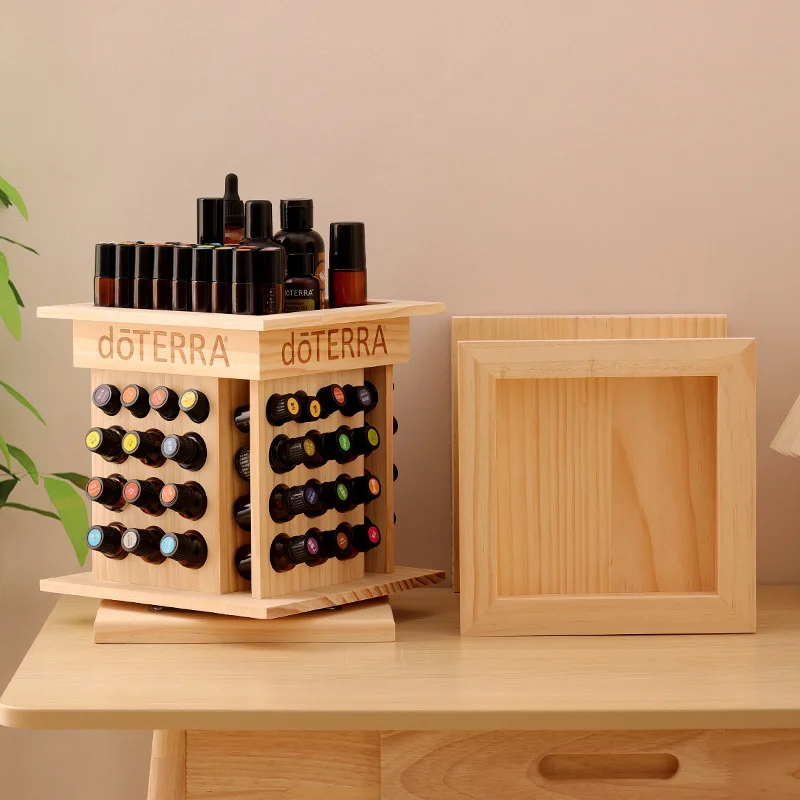 Solid Wood Essential Oil Display Rack Rotating Organizer Stand Desktop 52 Grid Essential Oil Bottle Storage Display Boxes