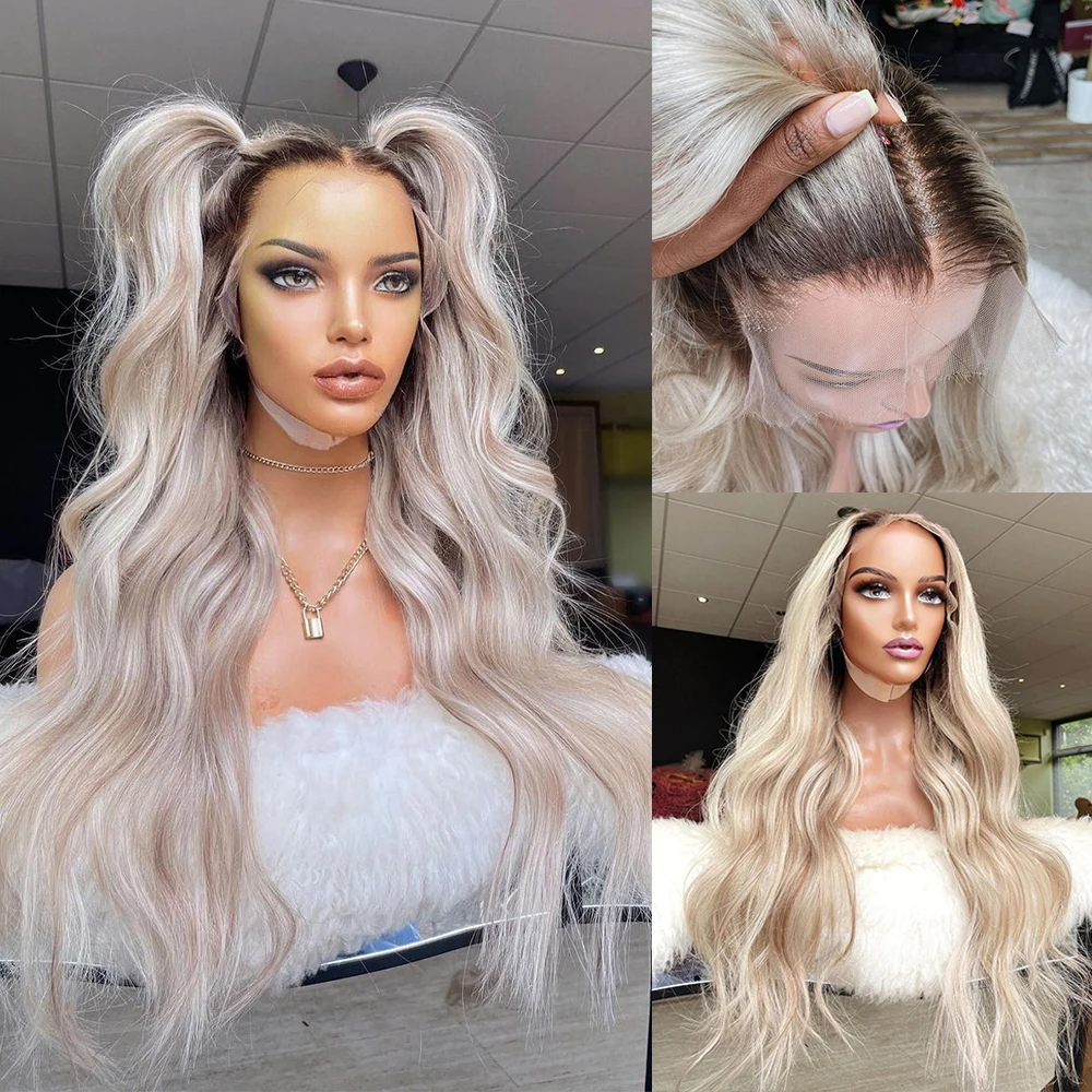 Ombre Ash Blonde Full Lace Human Hair Wigs Silver 13x6 Lace Frontal Wig Remy Hair Body Wavy For Women Dark Roots Preplucked 180%