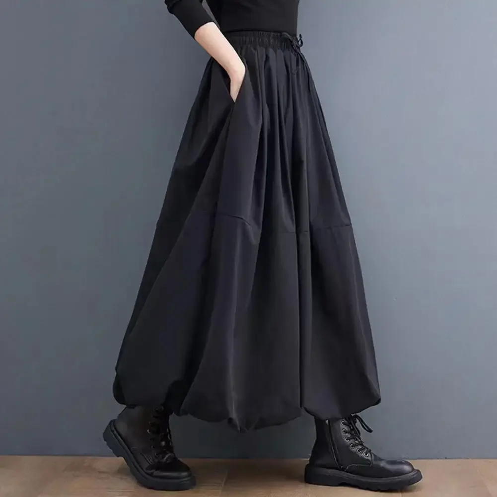女性マキシスカート Balck 和風ポケットパフスカートレディースカジュアル弾性ウエストレースアップハイウエストプリーツ A ラインスカート