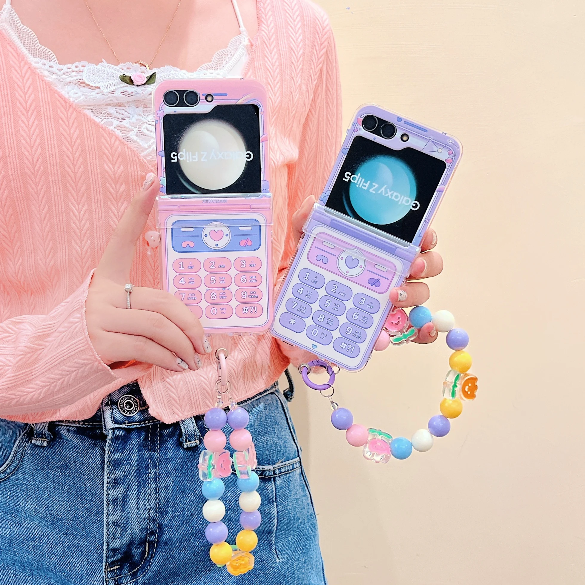 Cute Lovely Retro Mobile Phone Cover Chain for Samsung Galaxy Z Flip 5 4 3 Flip5 Flip4 Hard PC Hinge Armor Case Colorful Strap