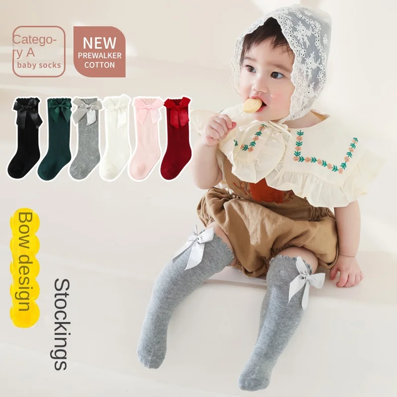 Calcetines de princesa para niñas, medias de algodón hasta la rodilla, vestido con lazo grande, accesorios para recién nacidos, ropa para niños