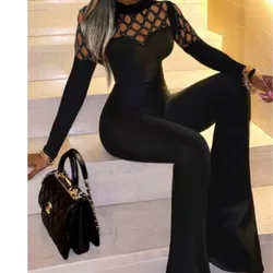 Autumn Black Long Sleeve Jumpsuit Women's Round Neck Fashion Patchwork Sexy Diamond Mesh Waist Slim Fit Micro-flare Jumpsuits