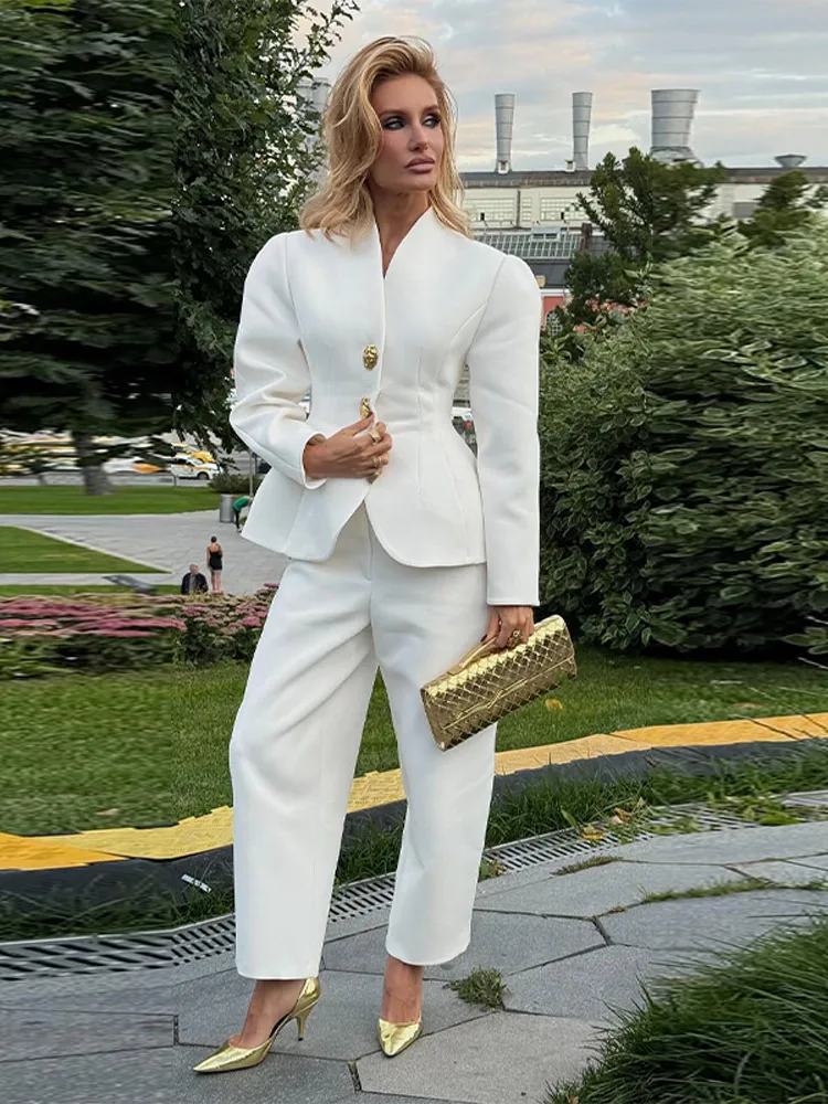 بدلة أنيقة سترة فستان أطفال مع سروال داخلي المرأة ضئيلة الخامس الرقبة نفخة الأكمام زر واحد السترة الصلبة مستقيم بانت 2025 سيدة مكتب الزي #2