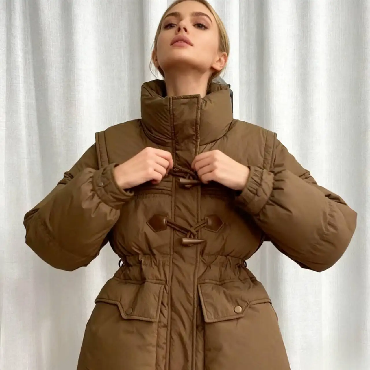 Parkas Womens Parka Coat With Real Fur Fall Corduroy Quilted Detachable-Sleeve Double-Sided Snap-Button High-Low Waistband Solid