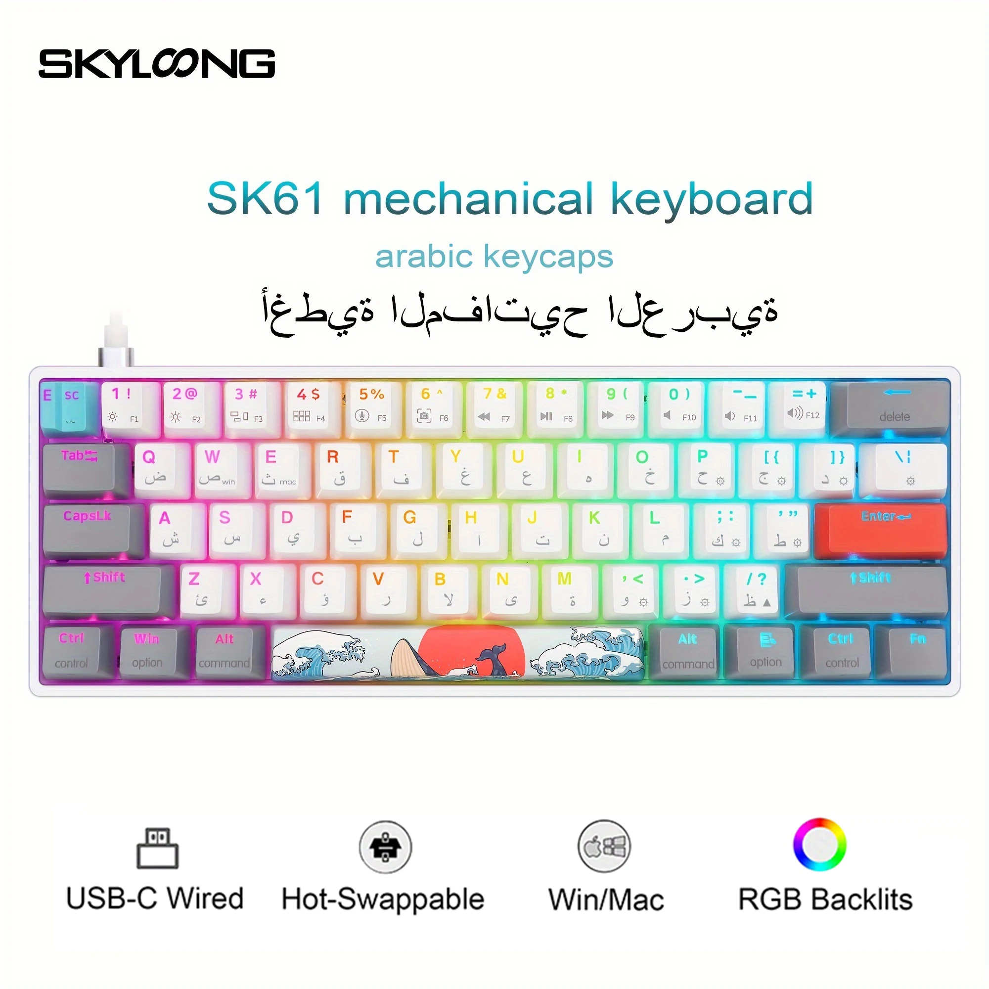 SKYLOONG SK61 아랍어 문자 인쇄 유선 키보드, 광학 스위치, RGB 백라이트 PBT 키캡, 60% 프로파일 기계식 게임용 키보드 