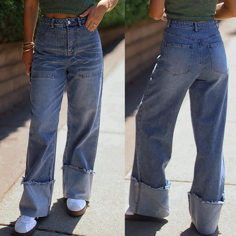 Wide Leg Pants Jeans Women High Waist Floor Length Vintage Distressed Trousers Washed Female Cuffed Raw Hem Denims Streetwear