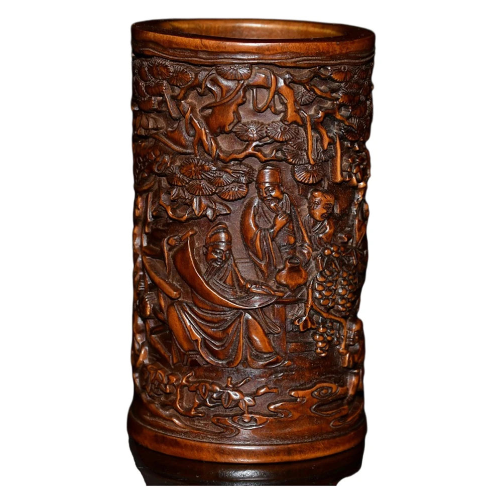 Sculpture en buis chinois, Pot de brosse sculpté en bois, décor artisanal pour érudit Literati, soulagement de la sagesse, élégance de l'harmonie