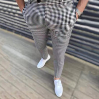 Business Casual Pants For Men Plaid Skinny Pencil Pants Zipper Elastic Waist Pants Trousers Streetwear Male Sports Sweatpants