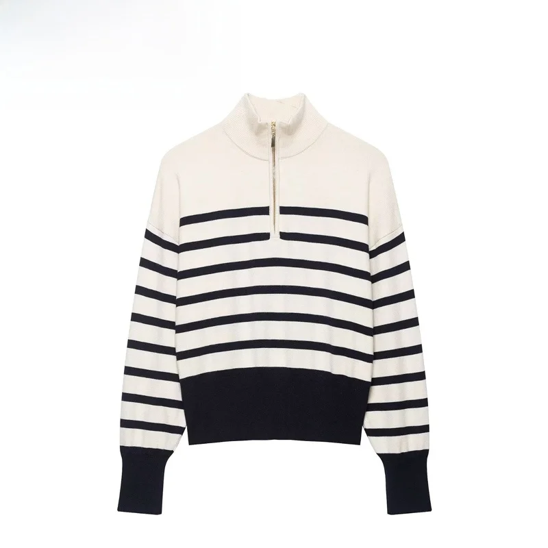 Fashionable Striped Knitted Sweater Zipper Design Polyester Fiber Long Sleeve Stand Collar Summer New Arrival Women's Wear